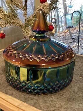 Iridescent Carnival Glass Covered Candy Dish NO CALL OUTS